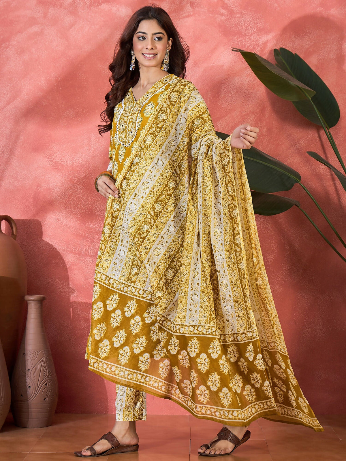 Printed Mustard Pure Cotton Kurta Set for Women