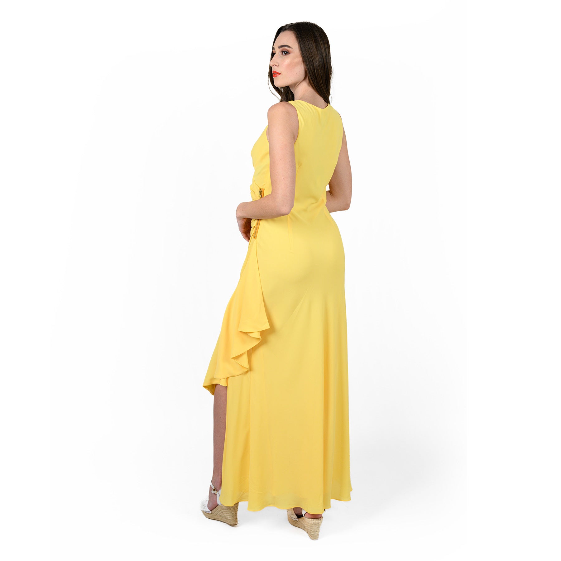 Yellow Asymmetric Flounced Wrap Dress with V-Neck - Image 5