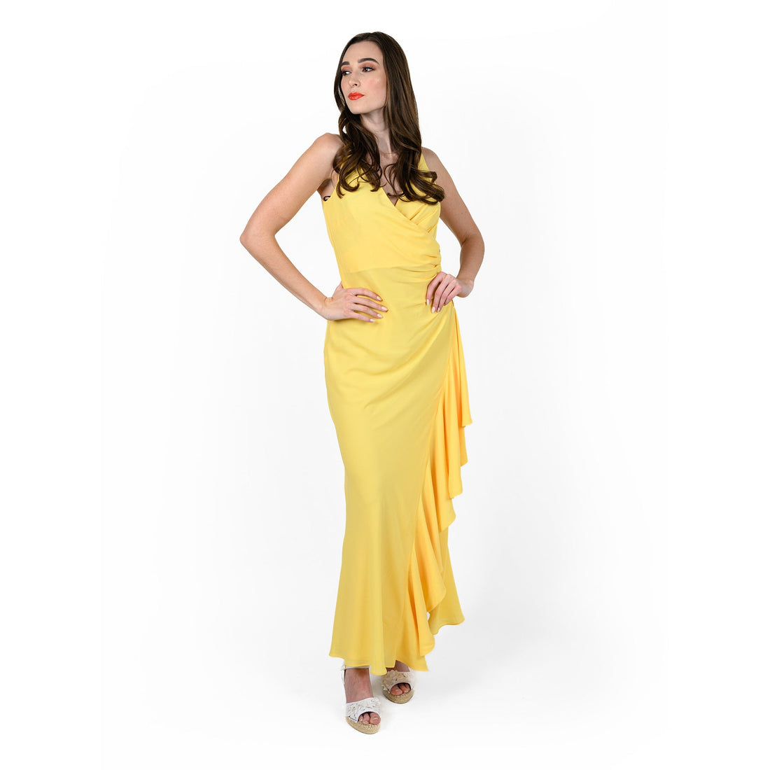 Yellow Asymmetric Flounced Wrap Dress with V-Neck - Image 2