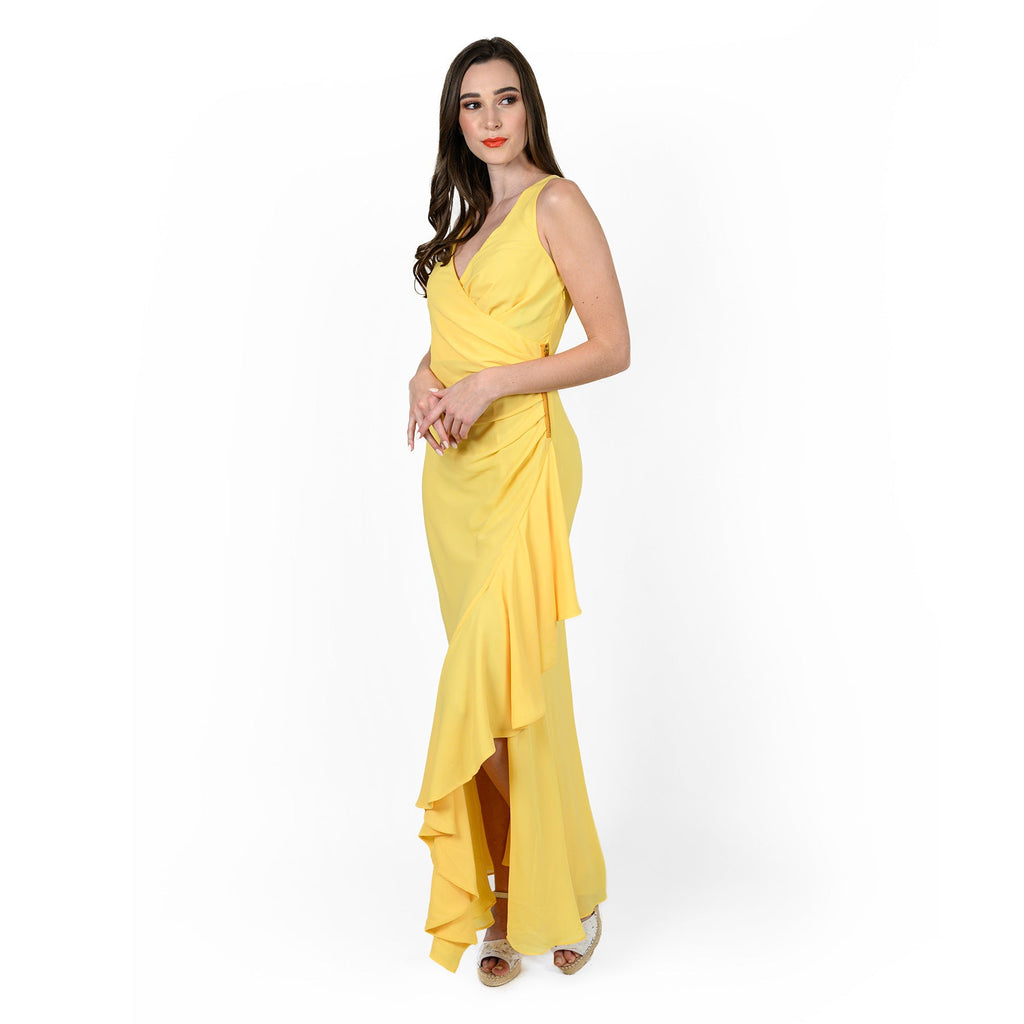 Yellow Asymmetric Flounced Wrap Dress with V-Neck - Image 3