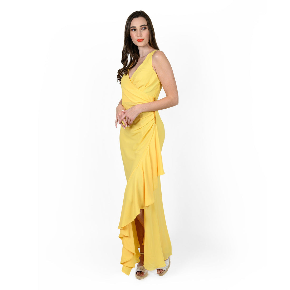 Yellow Asymmetric Flounced Wrap Dress with V-Neck - Image 3