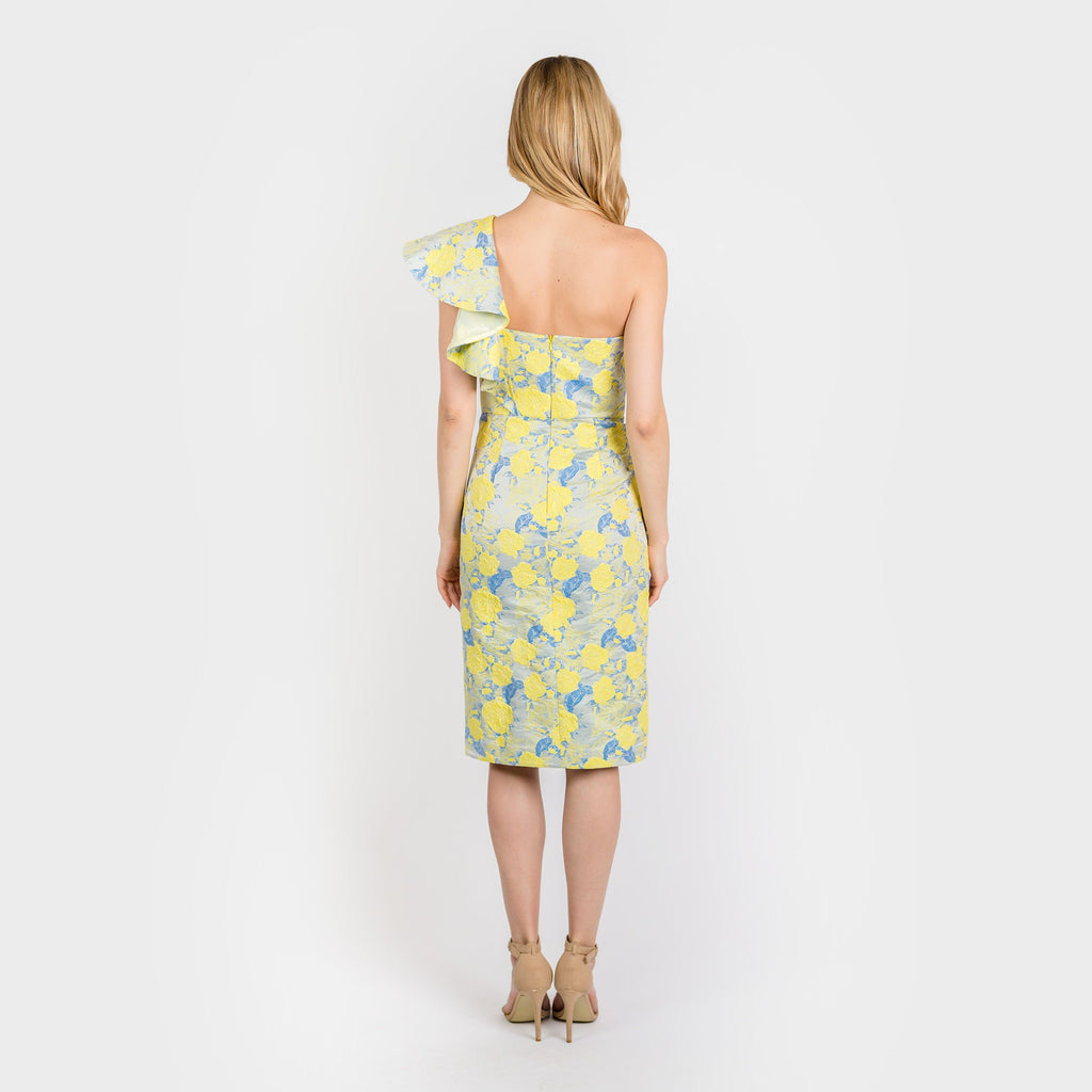 Yellow and Blue Floral Jacquard One Shoulder Flounce Midi Dress - Image 5