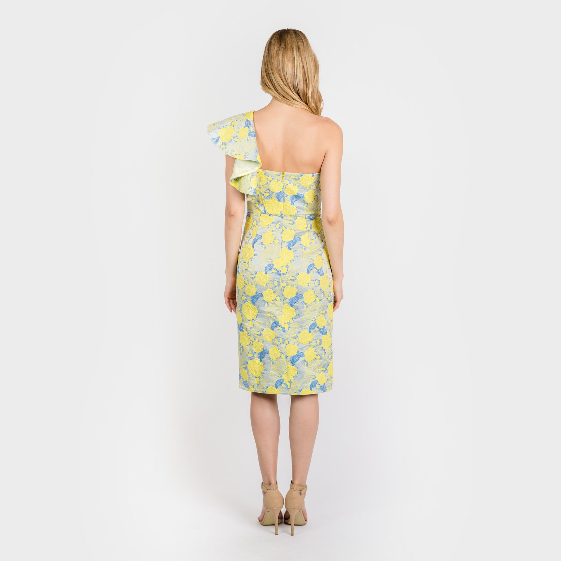 Yellow and Blue Floral Jacquard One Shoulder Flounce Midi Dress - Image 5