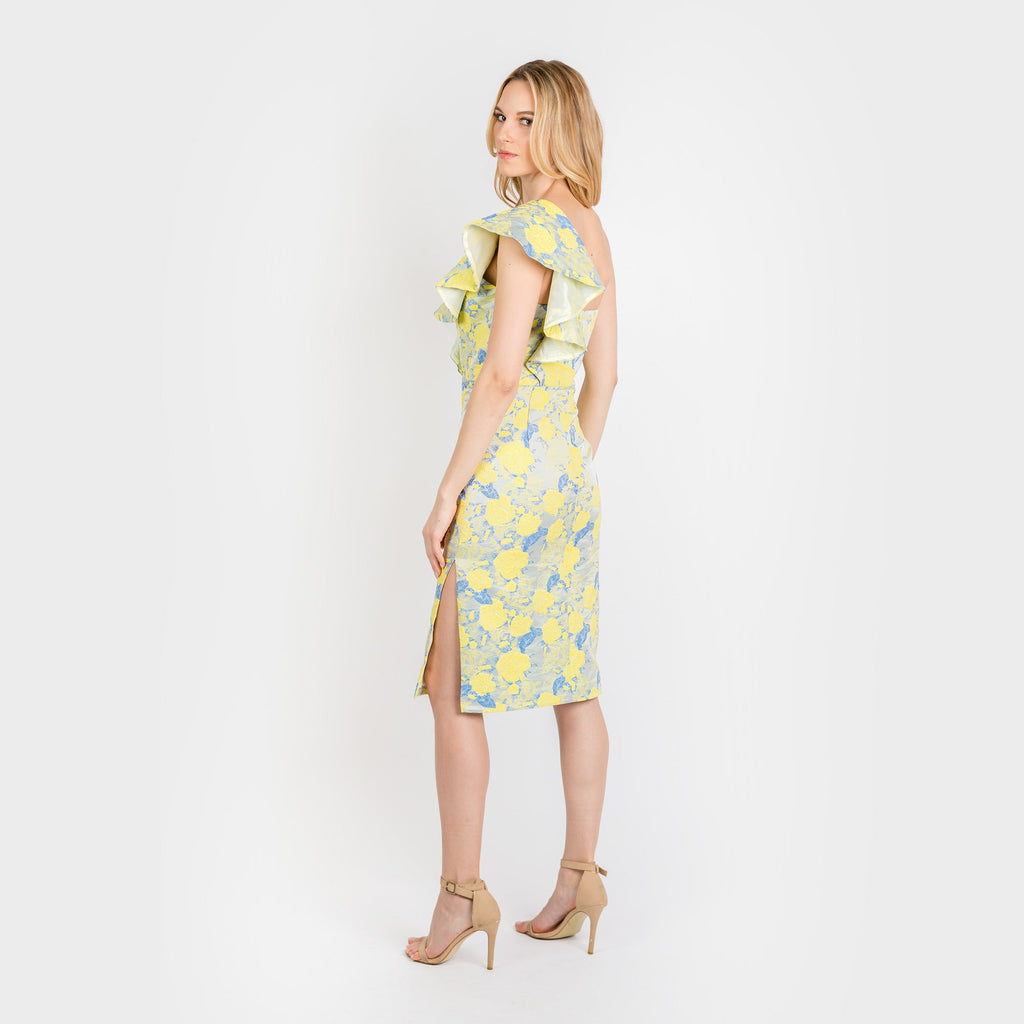 Yellow and Blue Floral Jacquard One Shoulder Flounce Midi Dress - Image 3