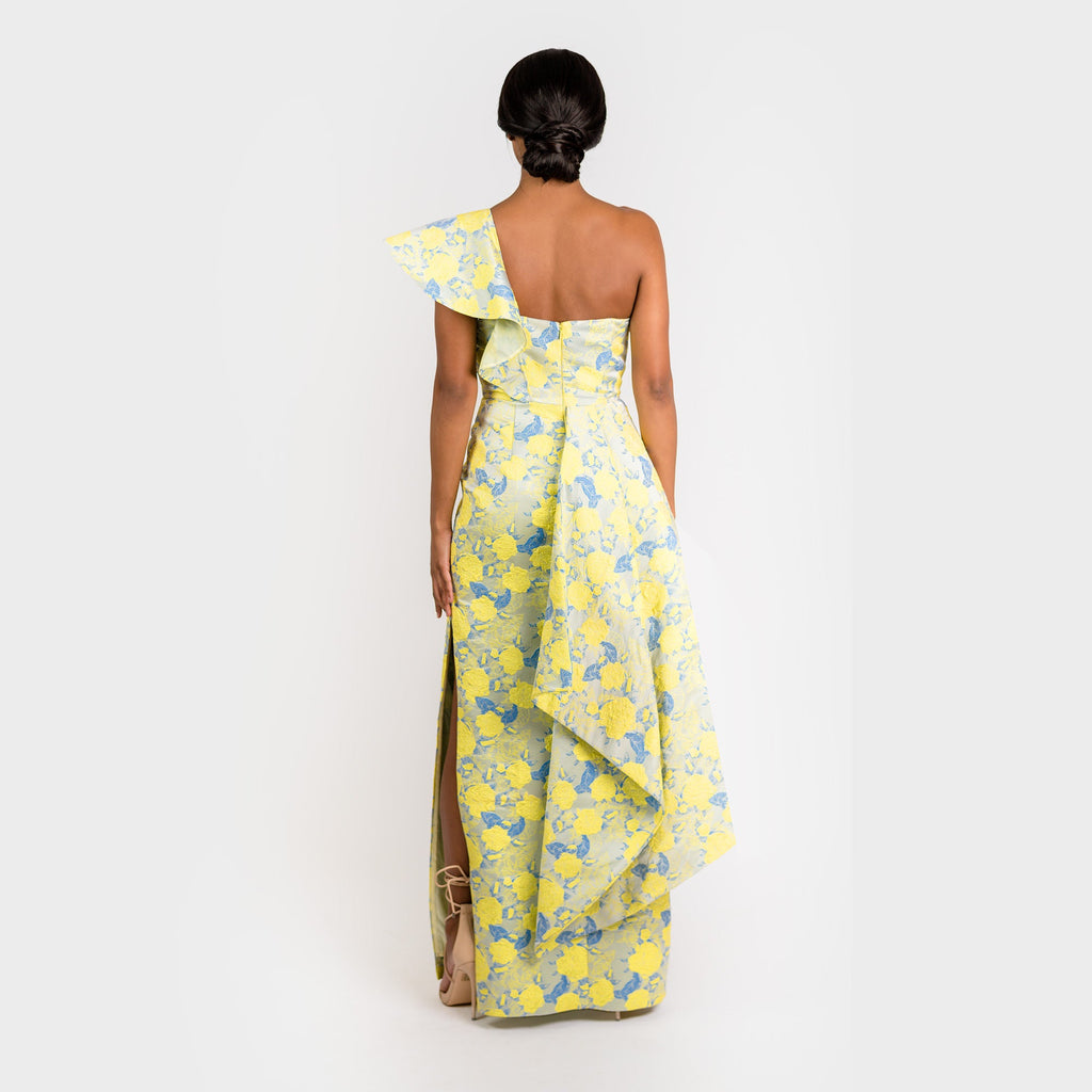 Yellow and Blue Floral Jacquard One Shoulder Maxi Dress - Image 4