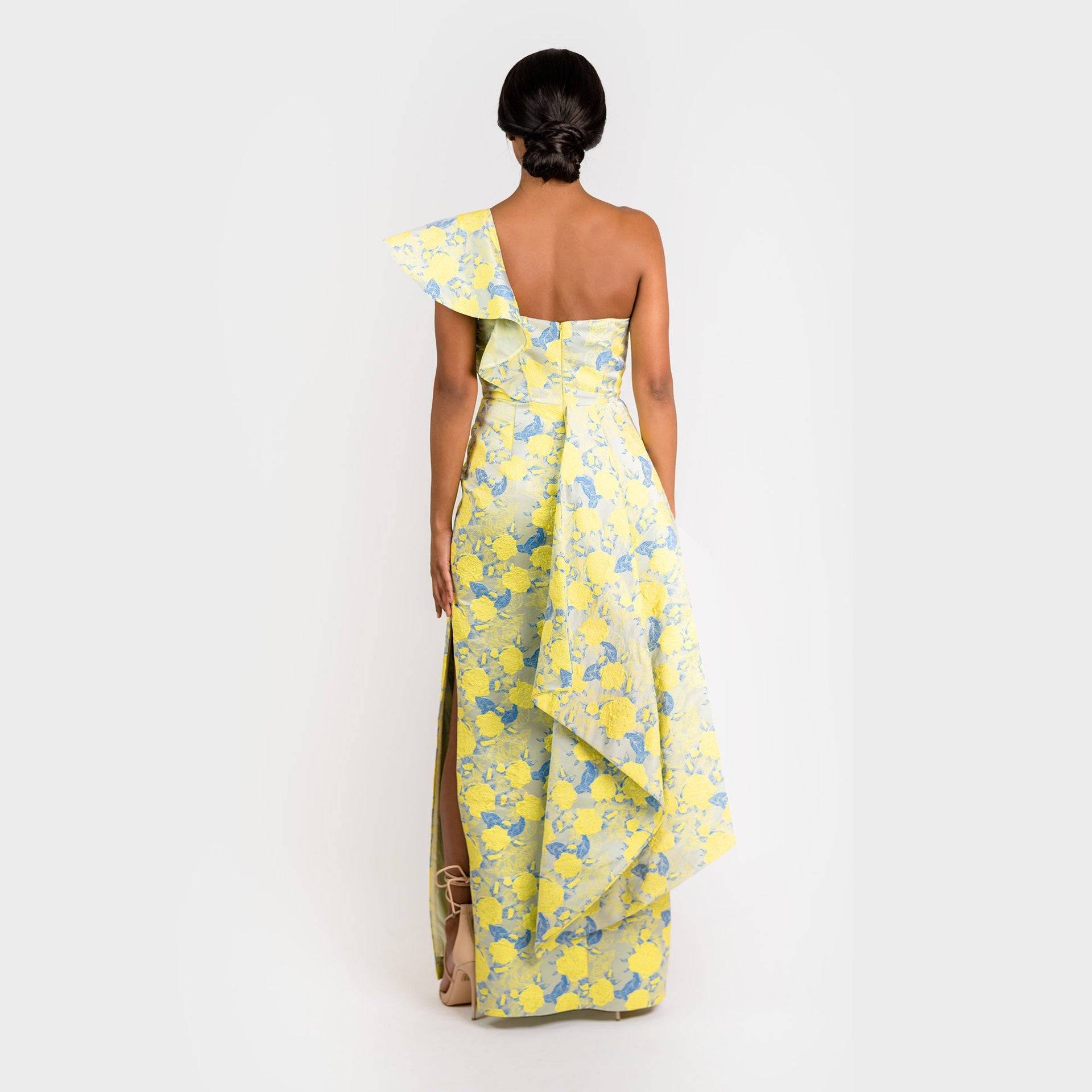 Yellow and Blue Floral Jacquard One Shoulder Maxi Dress - Image 4