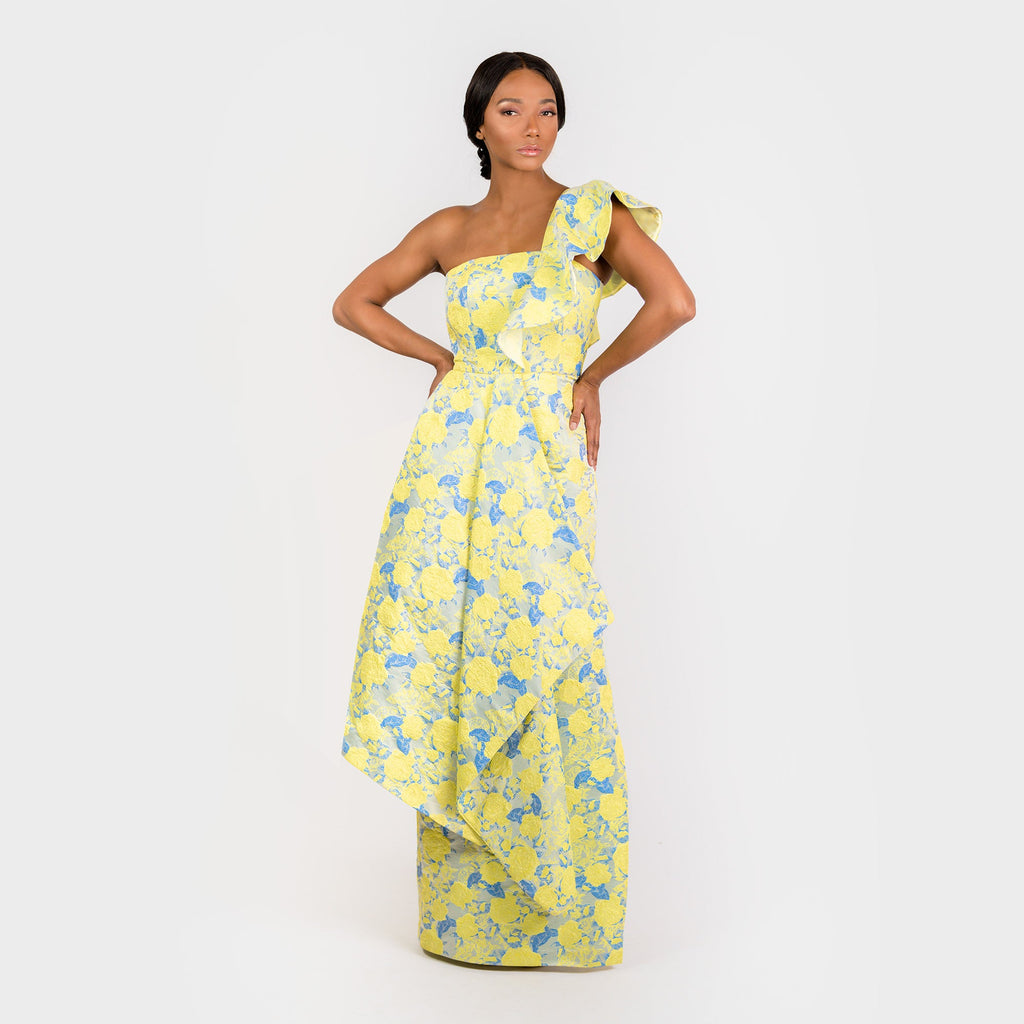 Yellow and Blue Floral Jacquard One Shoulder Maxi Dress - Image 2
