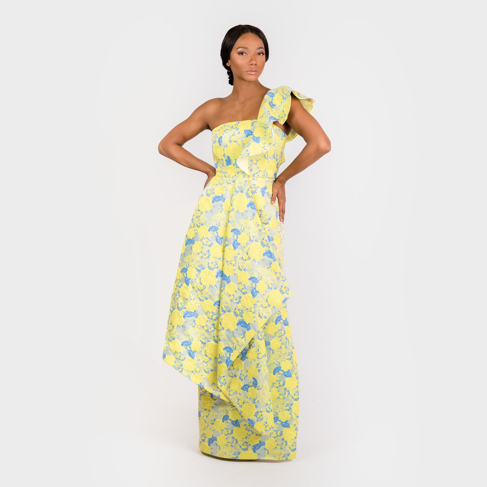 Yellow and Blue Floral Jacquard One Shoulder Maxi Dress - Image 2