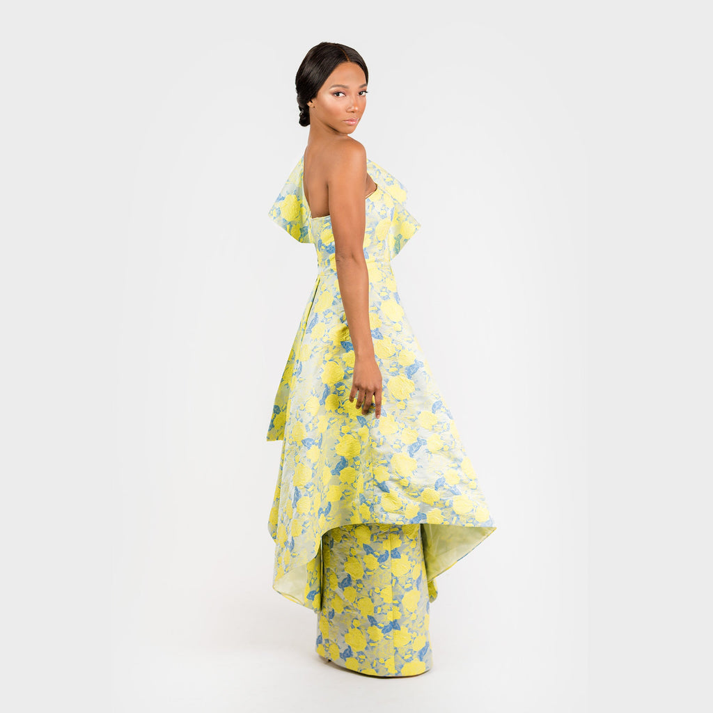 Yellow and Blue Floral Jacquard One Shoulder Maxi Dress - Image 3