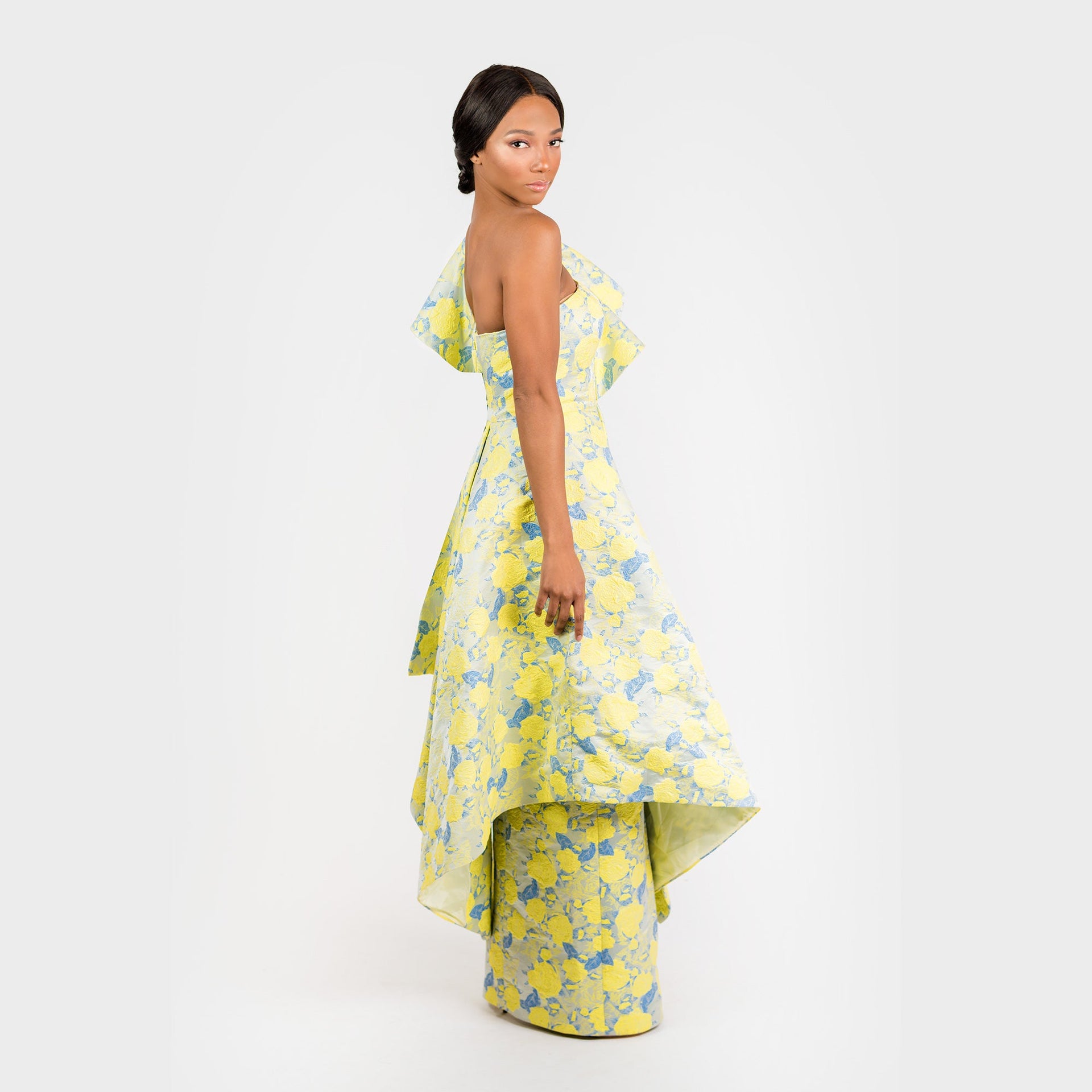 Yellow and Blue Floral Jacquard One Shoulder Maxi Dress - Image 3
