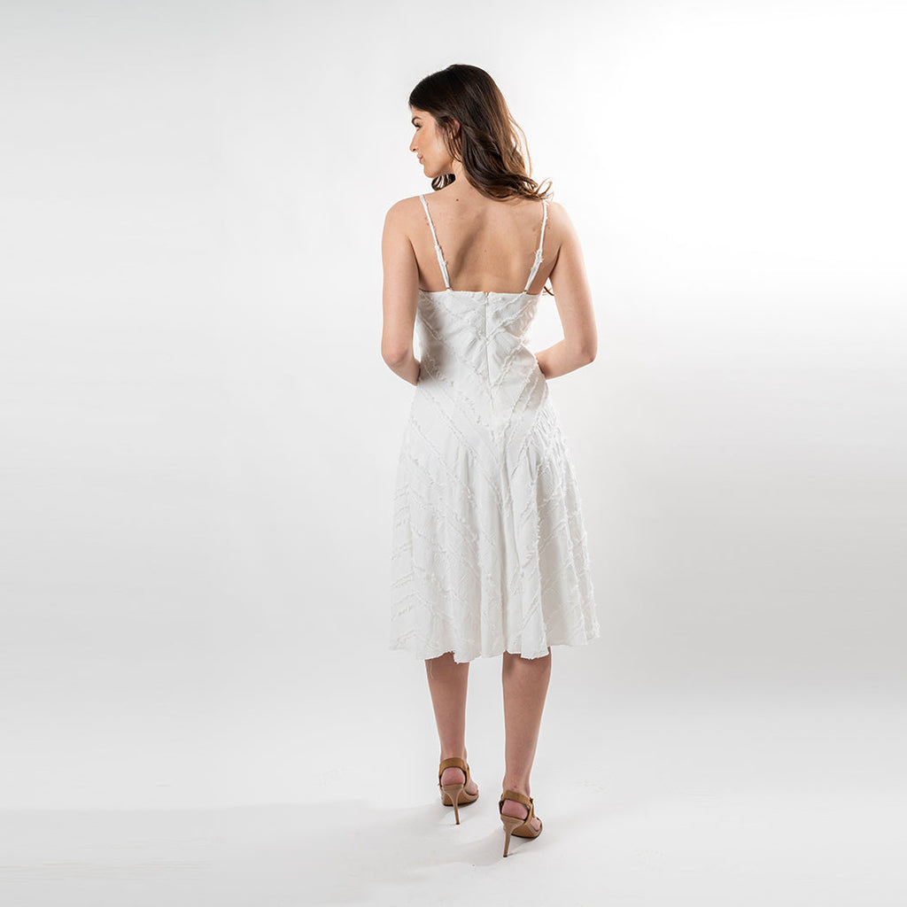 White Spaghetti Strap Mitered Fringe Cotton Midi Dress - Image 6