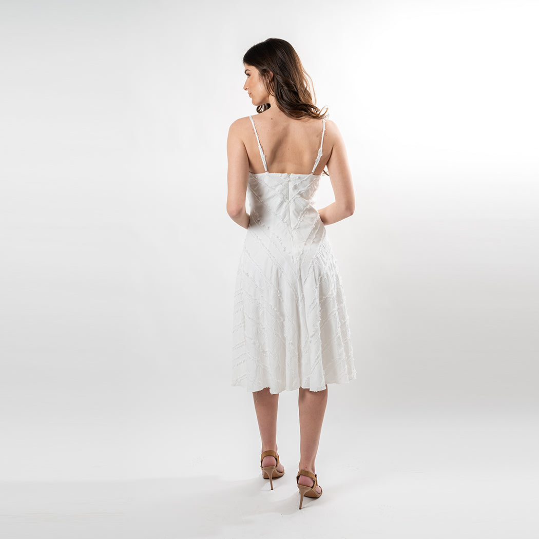 White Spaghetti Strap Mitered Fringe Cotton Midi Dress - Image 6