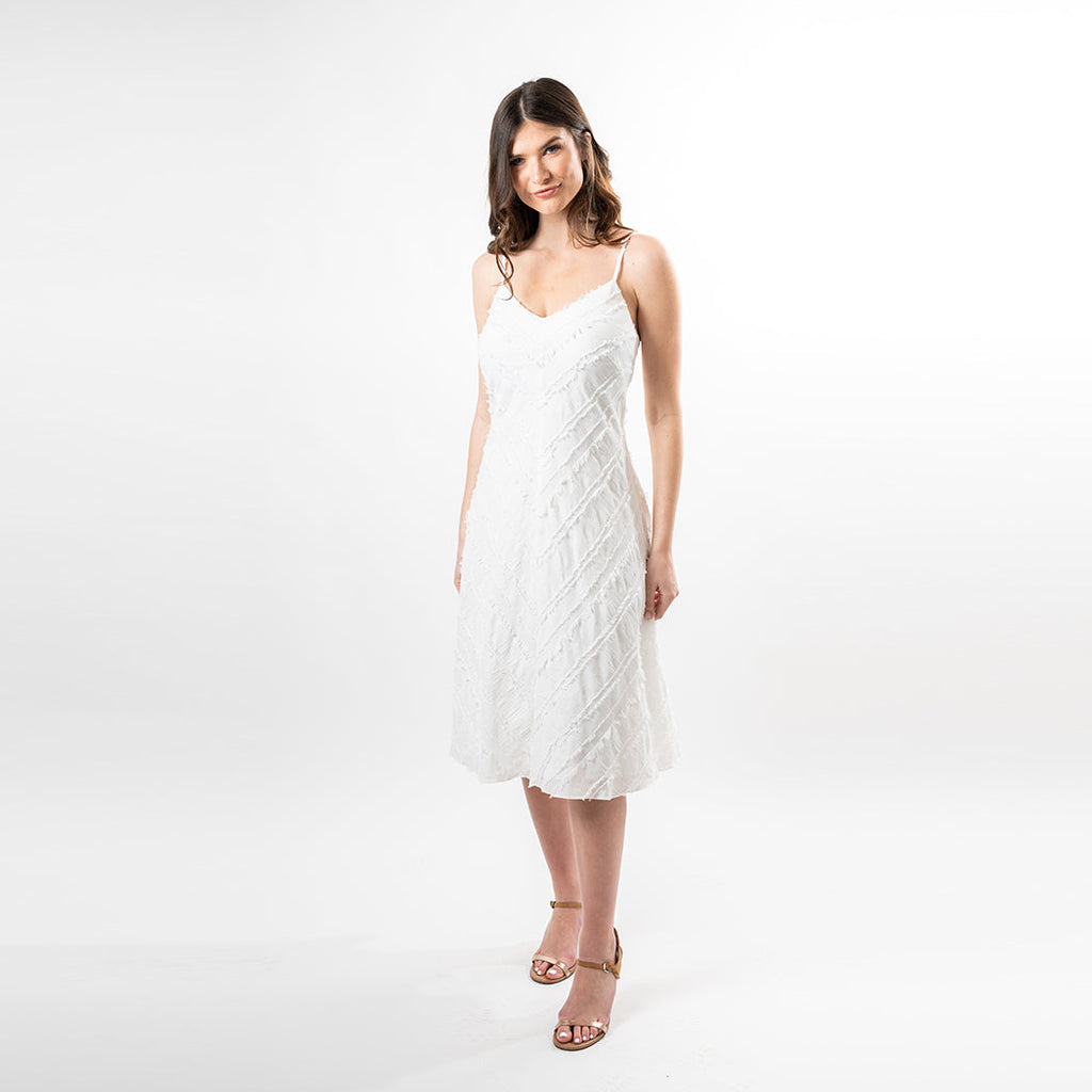 White Spaghetti Strap Mitered Fringe Cotton Midi Dress - Image 2