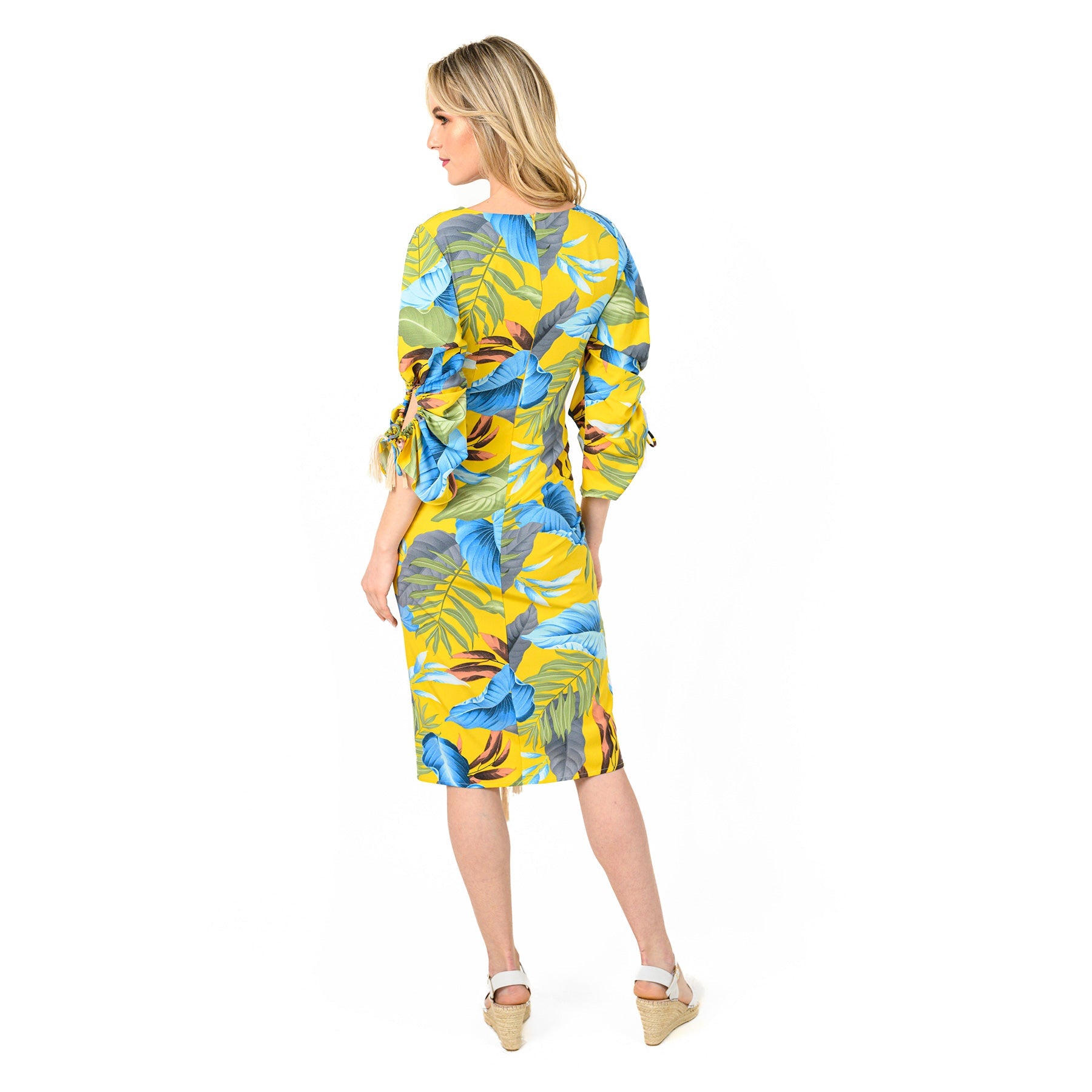 Yellow Tropical Print Ruched Front Midi Sheath Dress - Image 4