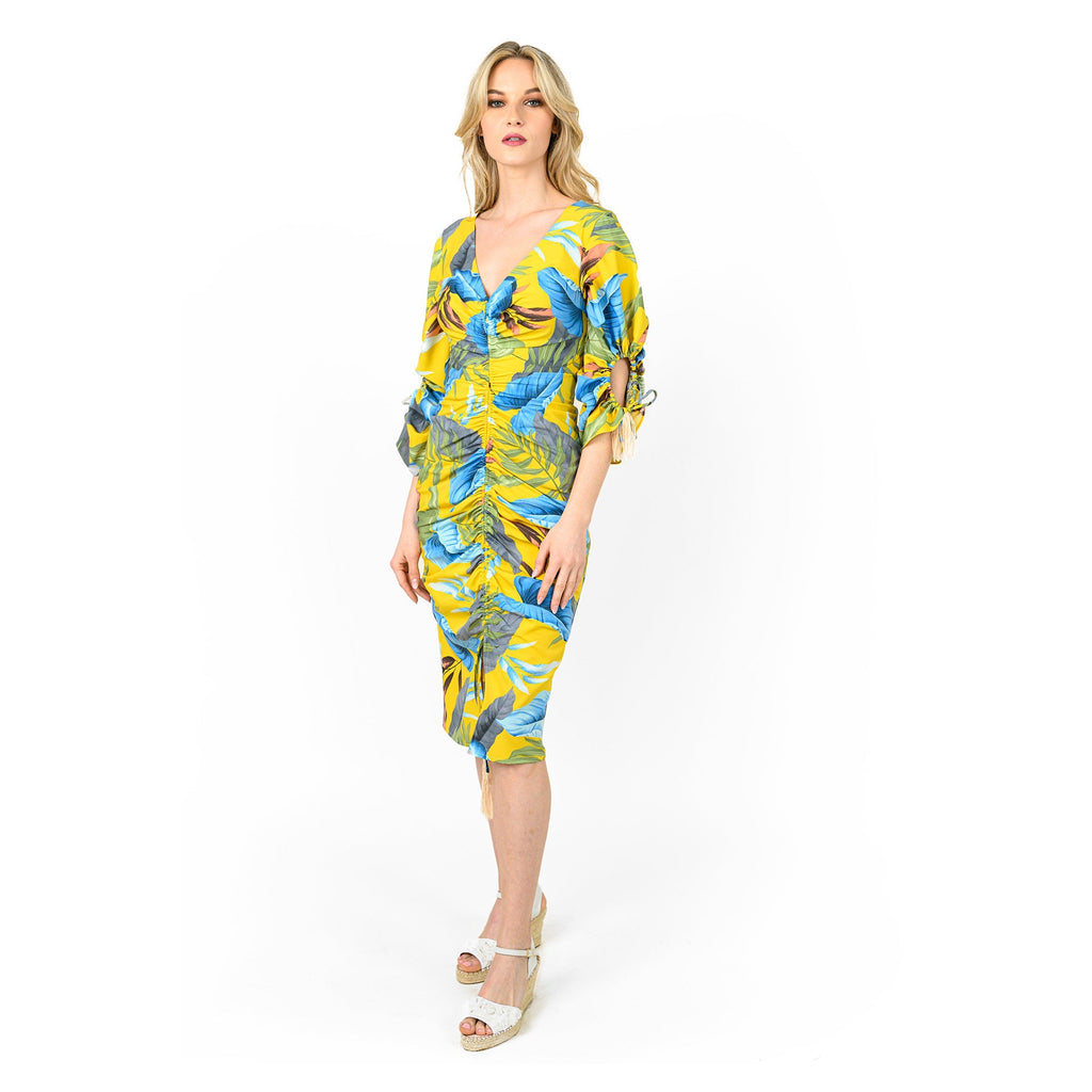 Yellow Tropical Print Ruched Front Midi Sheath Dress - Image 3