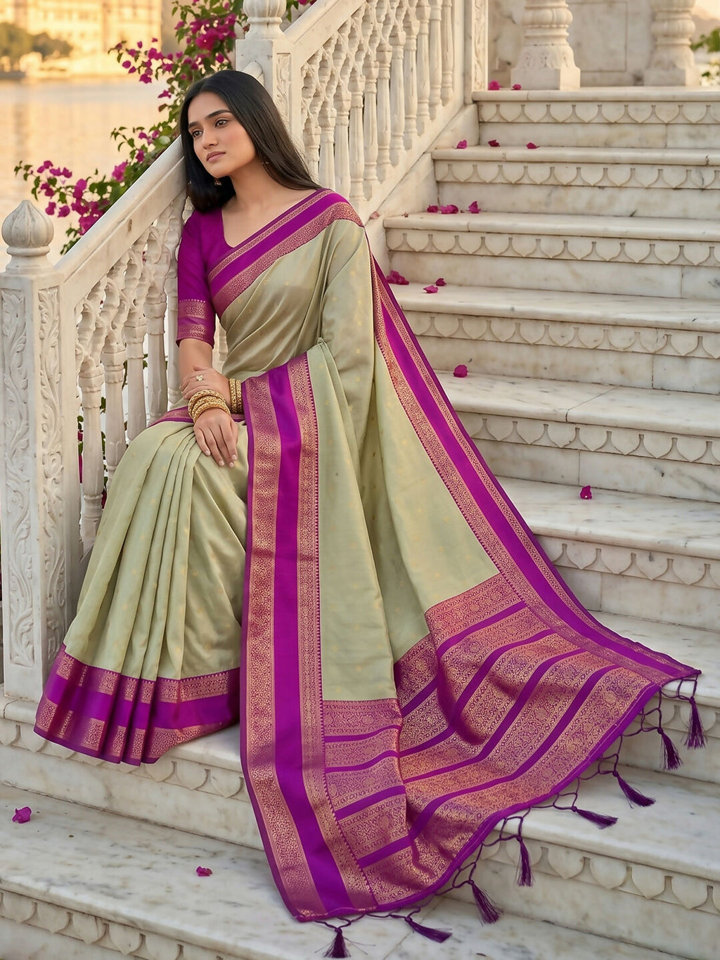 Chiku Silk Blend Saree with Matching Blouse Piece
