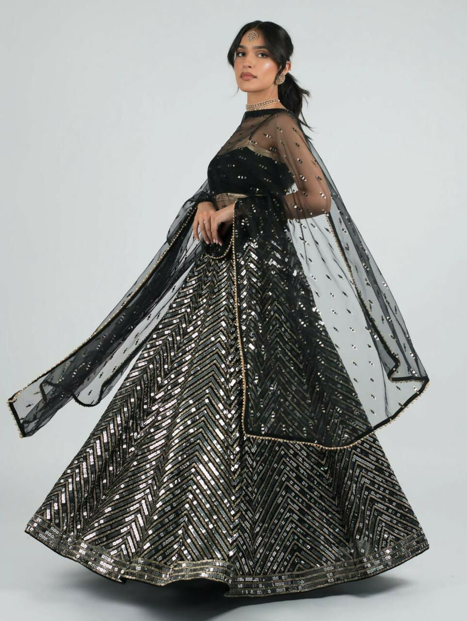 Silver Georgette Sequins and Zari Embroidered Lehenga Choli