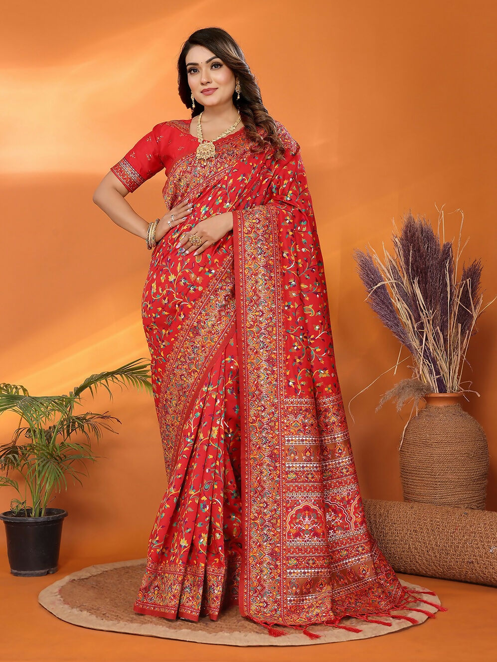 Joban Fashion Red Meena Weaves Pashmina Sarees