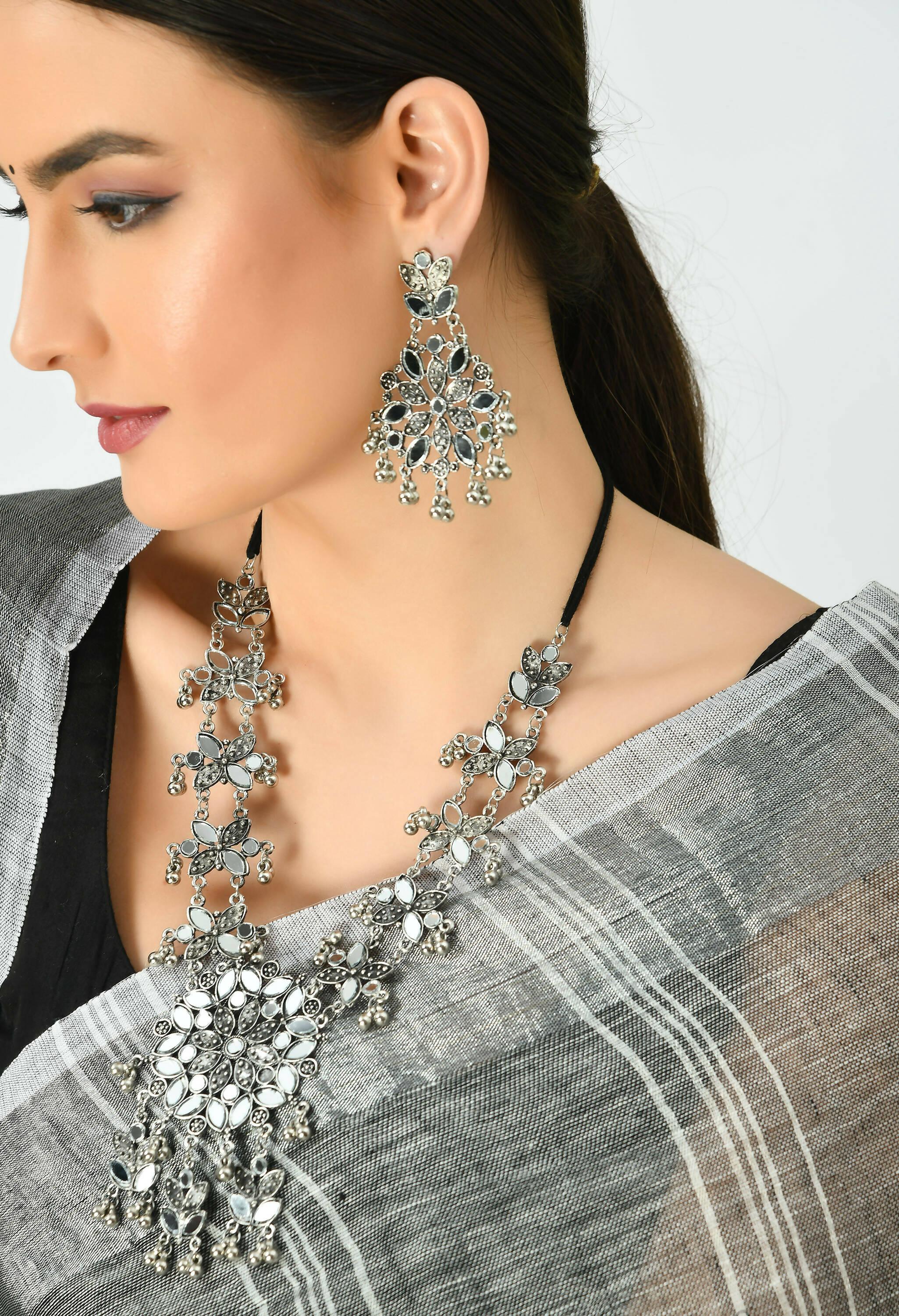 Johar Kamal Oxidised Silver-Plated Mirror Work Long Necklace Set