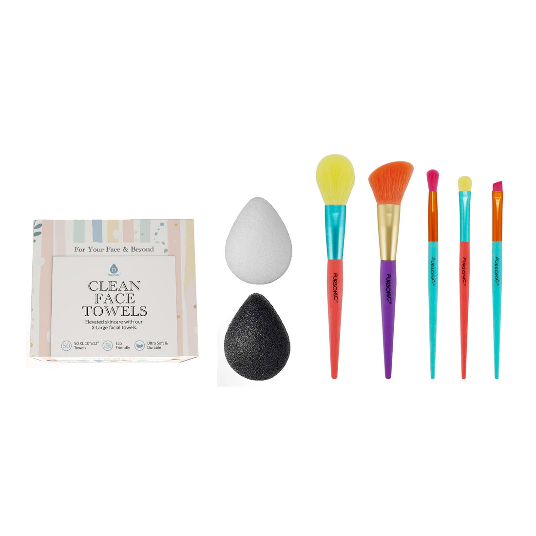 Flawless Skin & Makeup Prep Kit – Brush Set, XL Clean Face Towels & Konjac Sponge