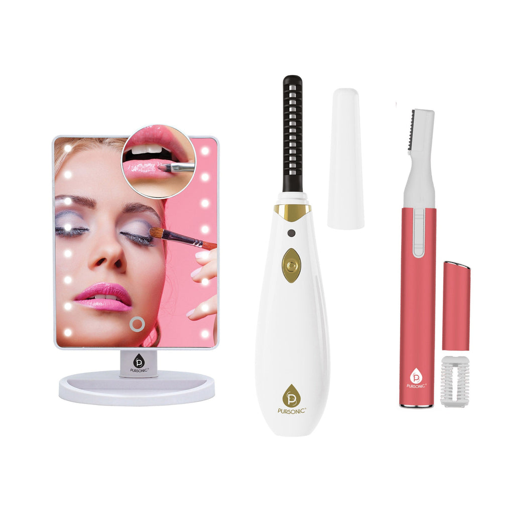 Pursonic Facial Trimmer & Eyebrow Kit, Heated Eyelash Curler & Dimmable LED Vanity Mirror
