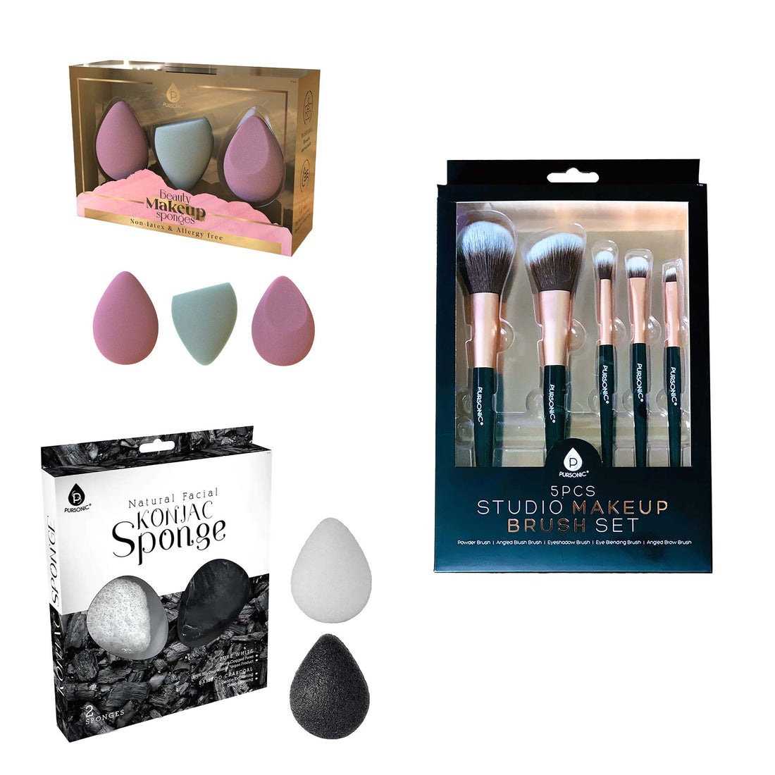 Pursonic Flawless Beauty Essentials Bundle – Includes 3-Pack Multi-Shape Makeup Sponges, Natural Konjac Sponge Duo & 5-Piece Black Studio Brush Set