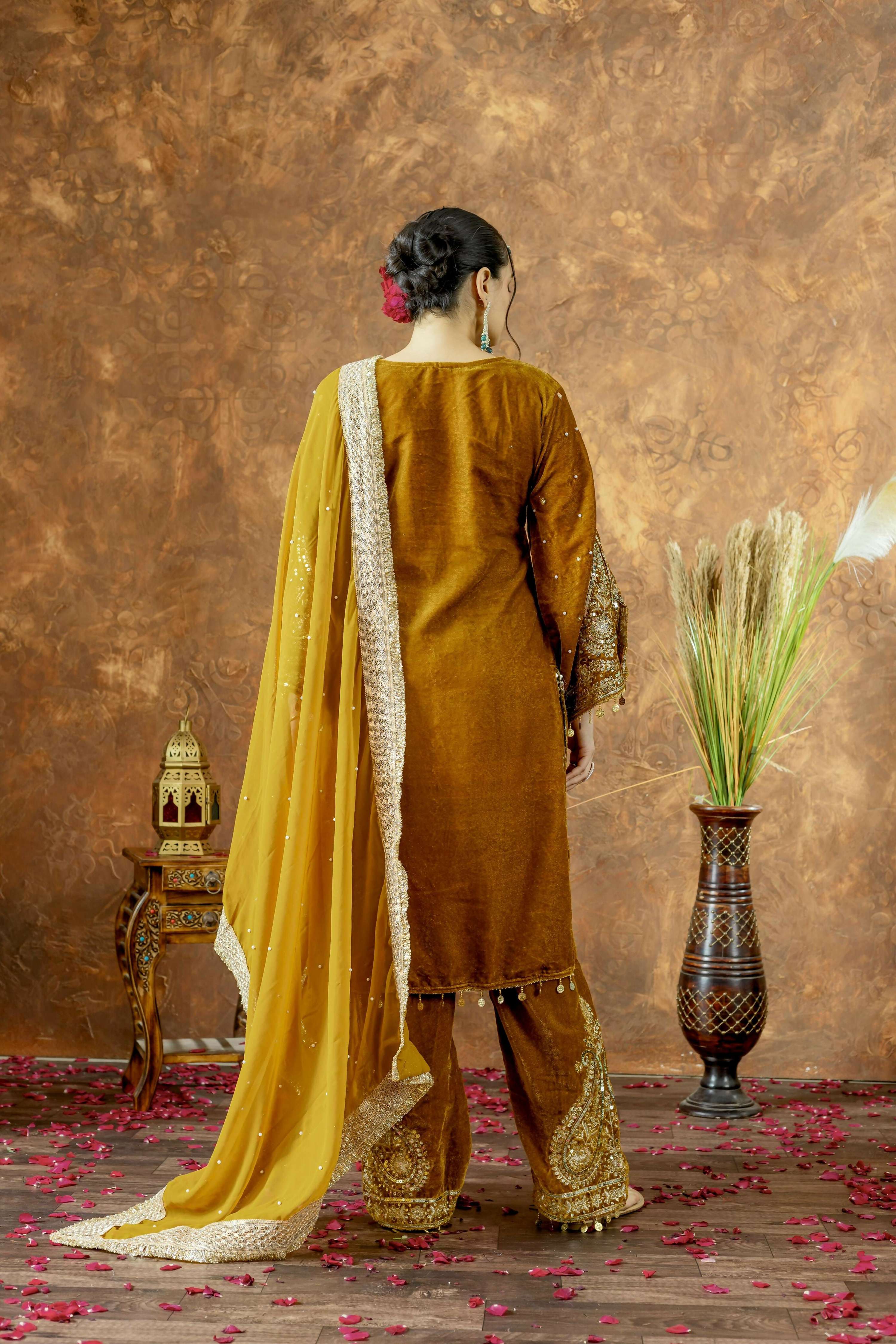 Mustard Gold Velvet Embroidered Kurta Set