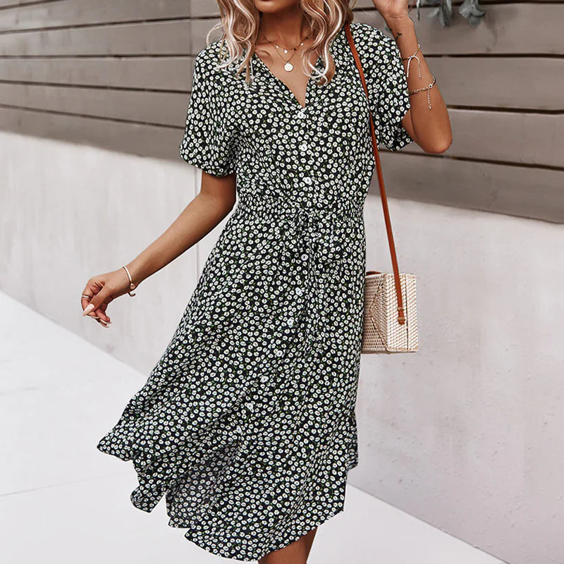 Women's Floral Midi Dress with V Neck and Tie Waist - Image 16