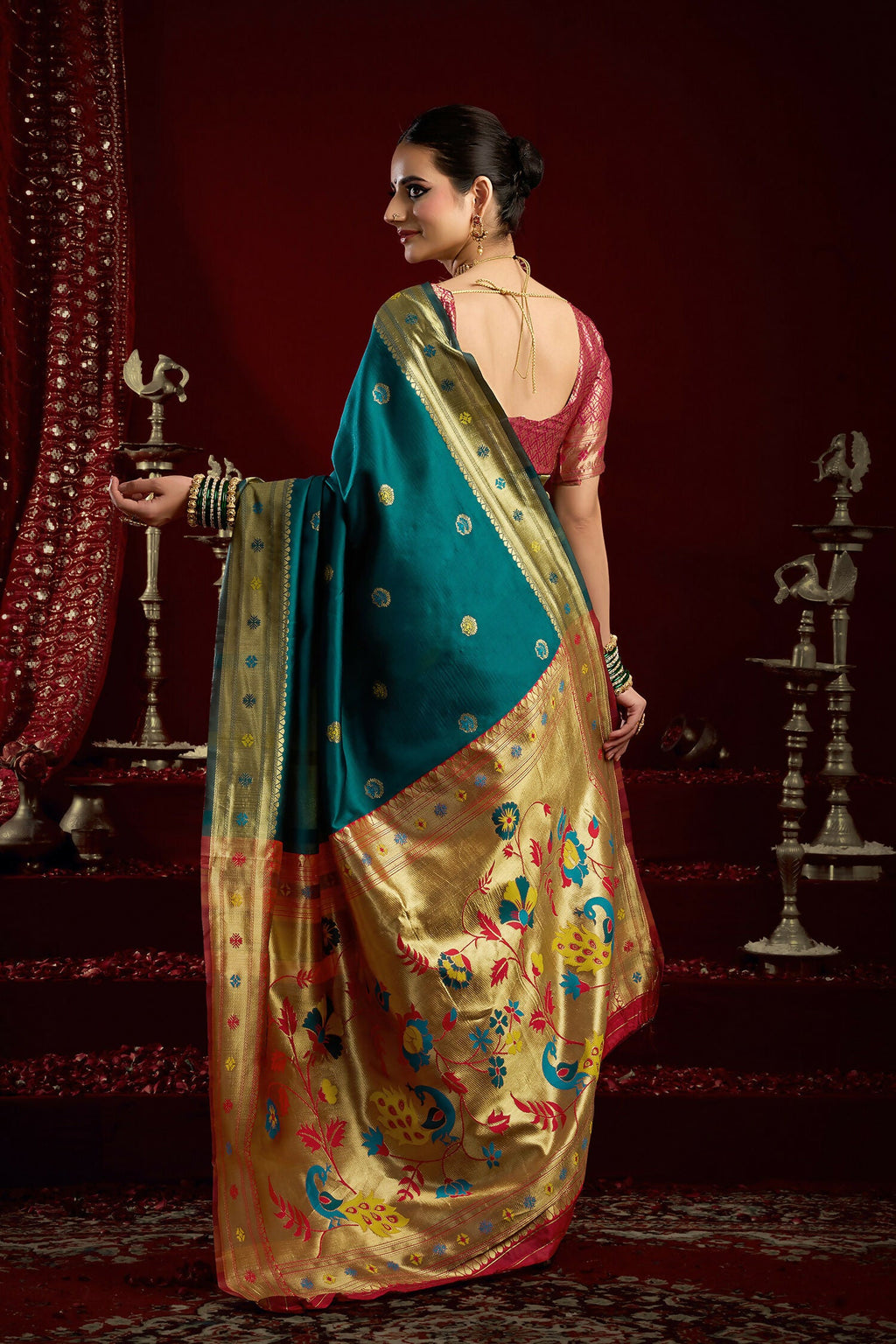 Joban Fashion Teal Paithani Silk Blend Butti Saree