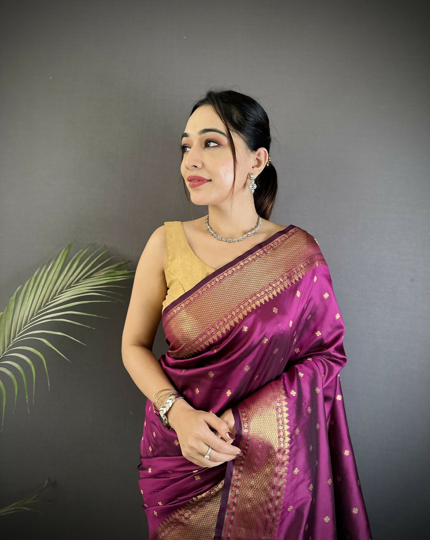 Wine Butti Woven Soft Lichi Silk Paithani Saree with Blouse