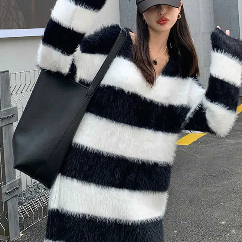 Women's Striped Long Fuzzy Knitted Pullover Sweater Dress - Image 3