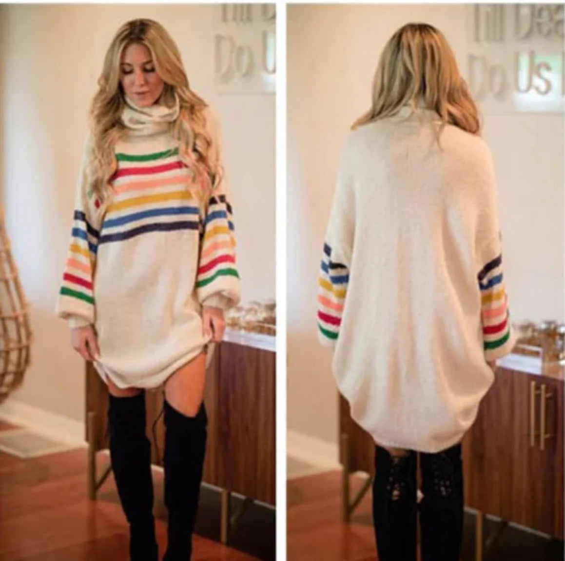 Women's High Neck Striped Knit Sweater Dress Long Sleeve White - Image 3