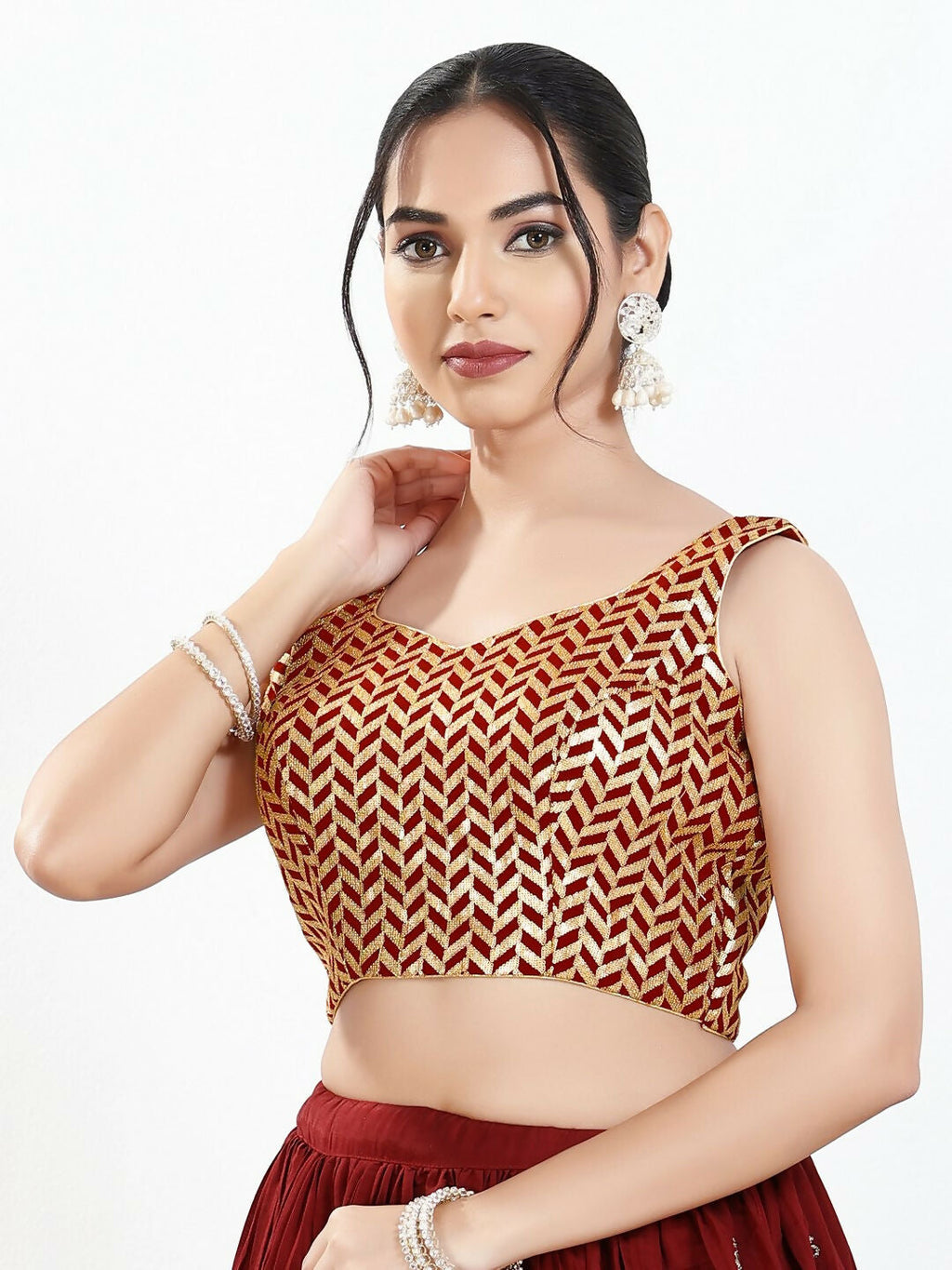 Joban Fashion Maroon Silk Padded Blouse With Sweetheart Neck Sleeveless