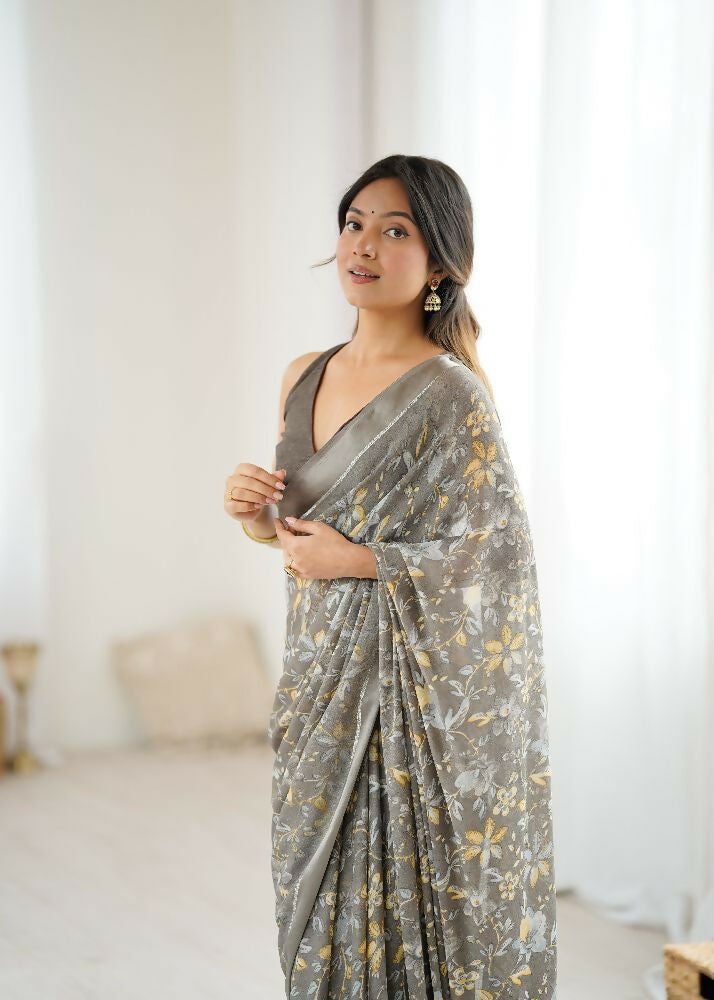 Grey Bright Moss Satin Patta Printed Saree