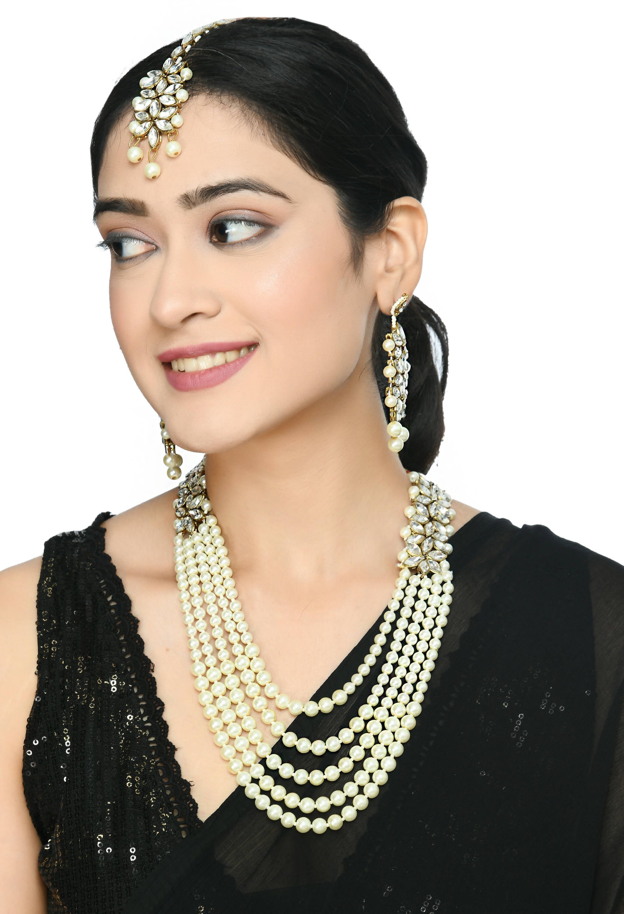 Johar Kamal Gold-Polished Rani Haar Necklace with Off White Pearls