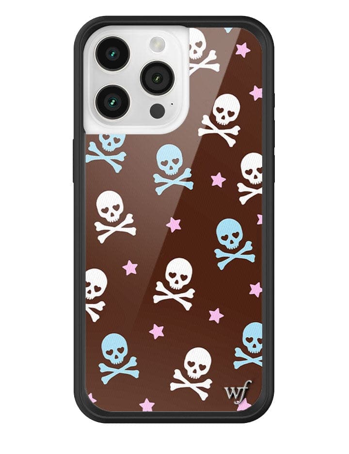 Cross Bones iPhone case in hazelnut brown with skull and star print and black bumper