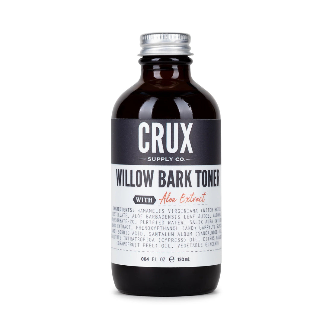 A bottle of CRUX Supply Co. Willow Bark Toner with Aloe Extract on a white background.