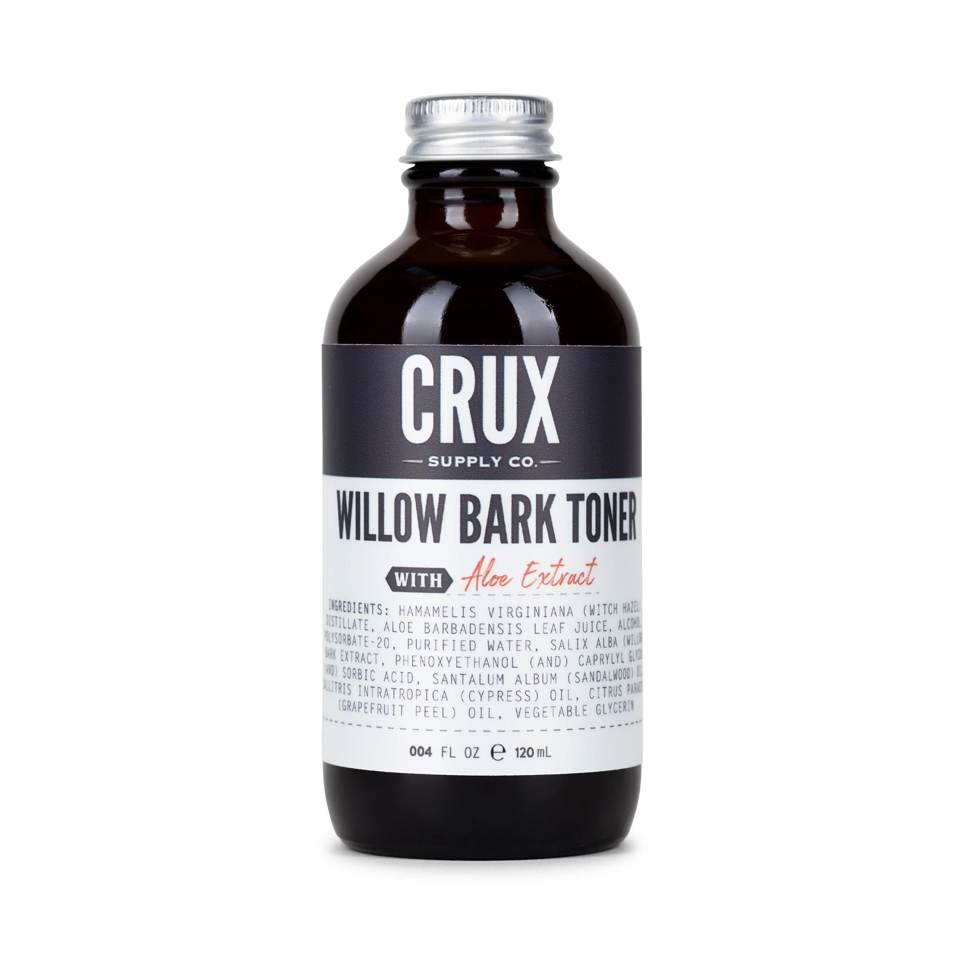 A bottle of CRUX Supply Co. Willow Bark Toner with Aloe Extract on a white background.