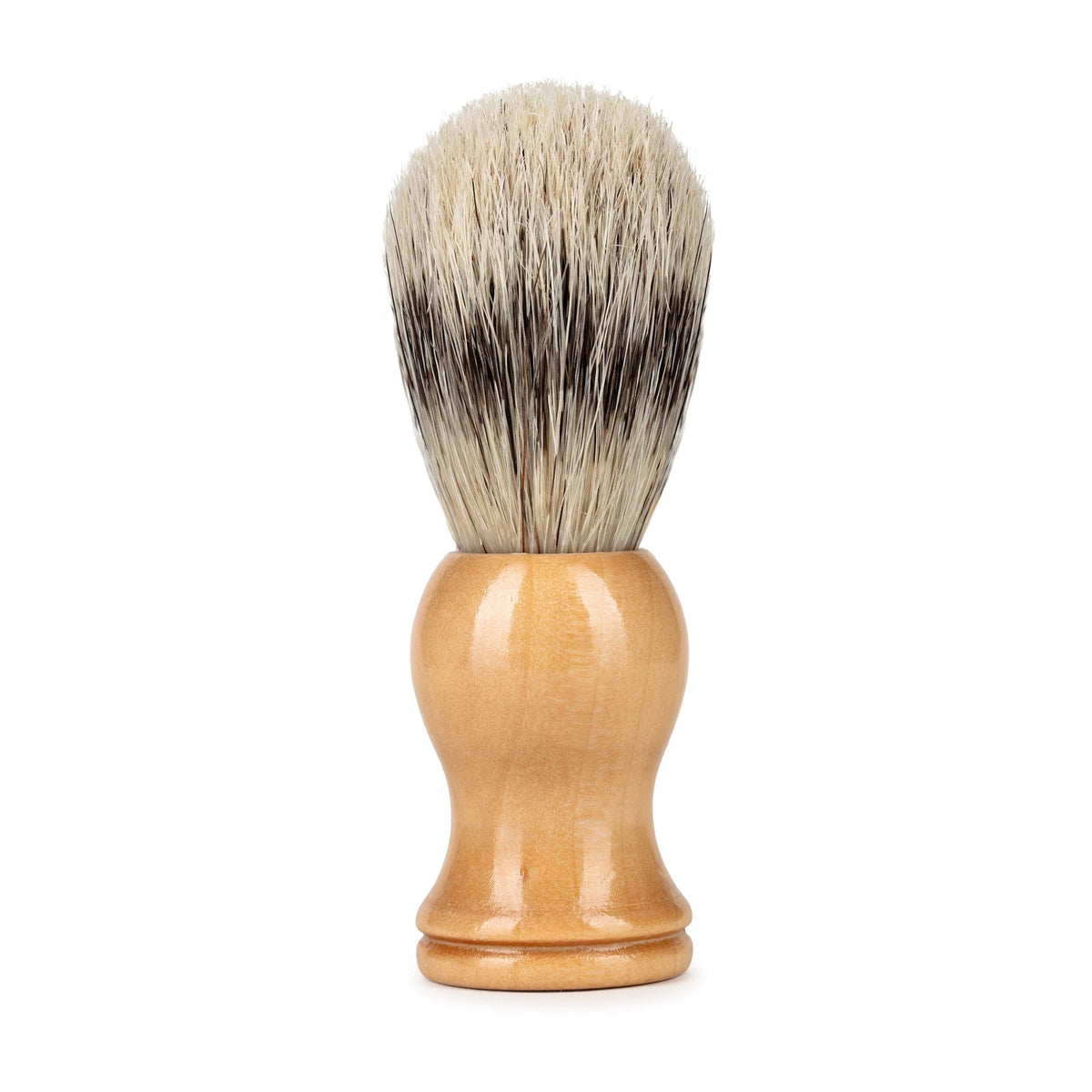 A shaving brush with a polished light wood handle and dense tan and black boar bristles standing upright.