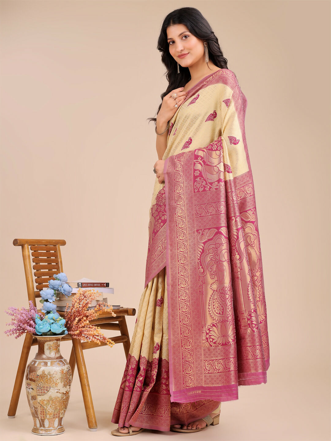 Banarasi Silk Saree in Cream & Magenta with Matching Blouse