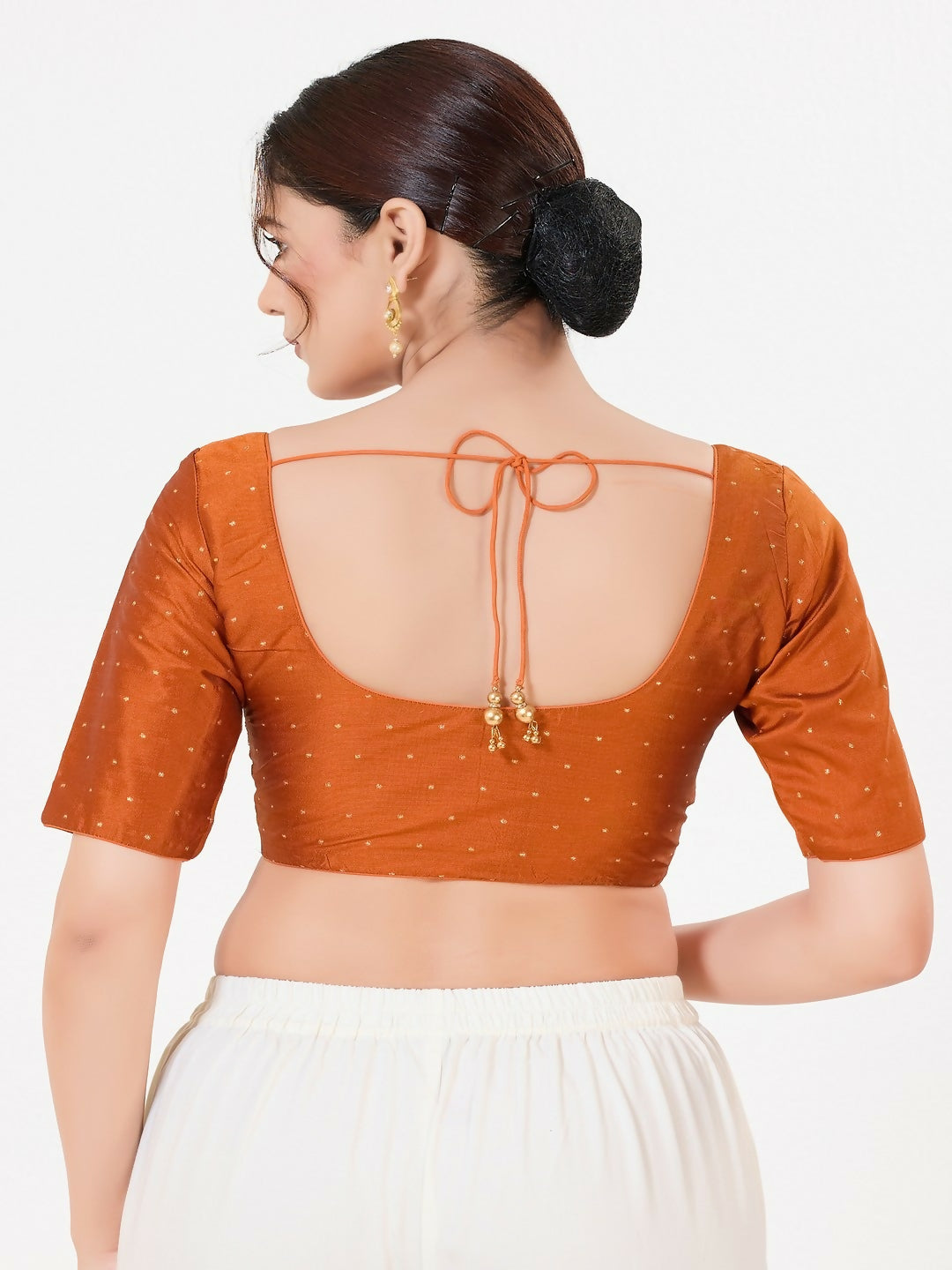 Rust Taffeta Silk Sleeveless Front Open Blouse - Round Neck