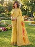 Yellow linen cotton saree with matching blouse piece