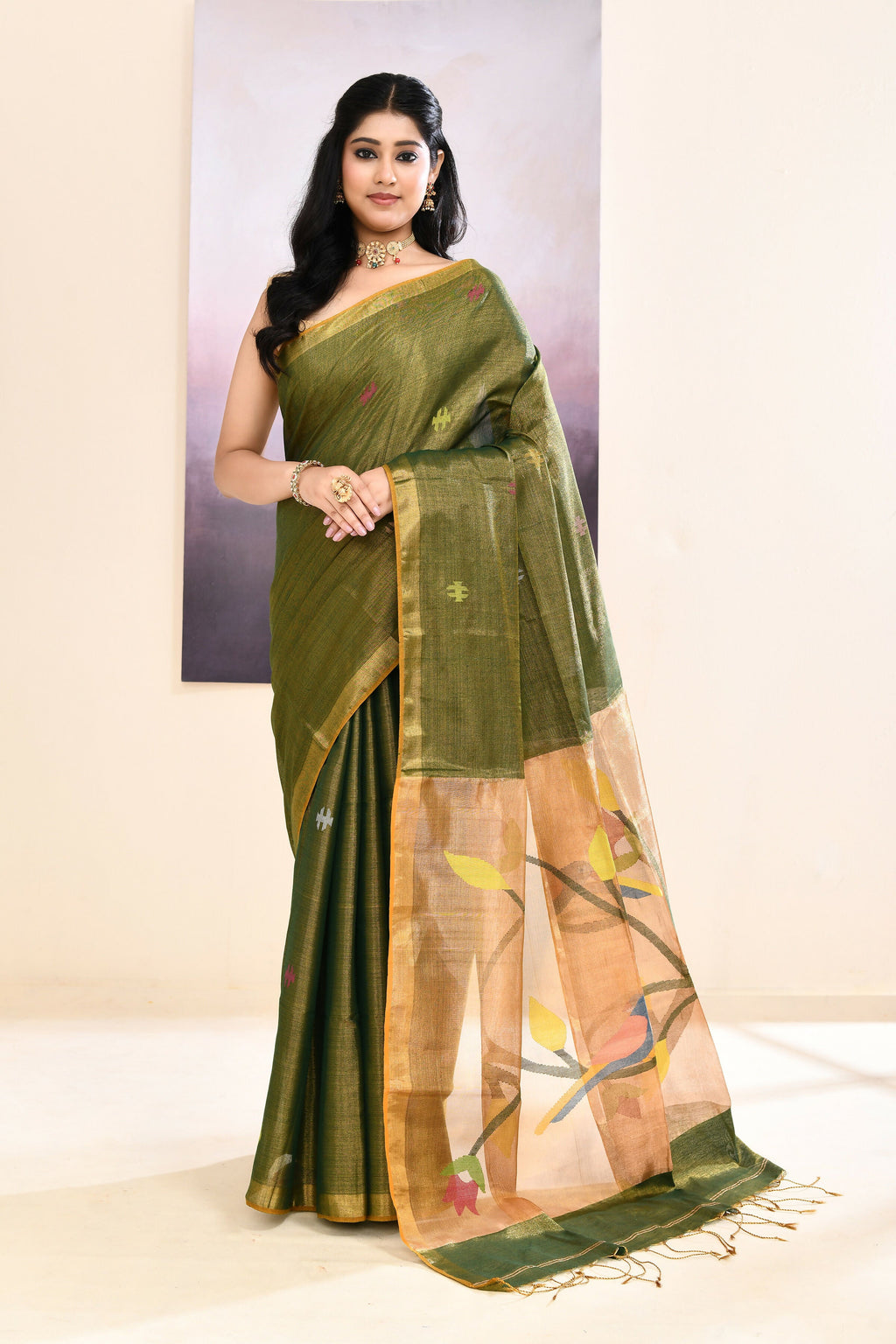 Moss Green Embellished Tissue Jamdani Saree for Elegant Occasions