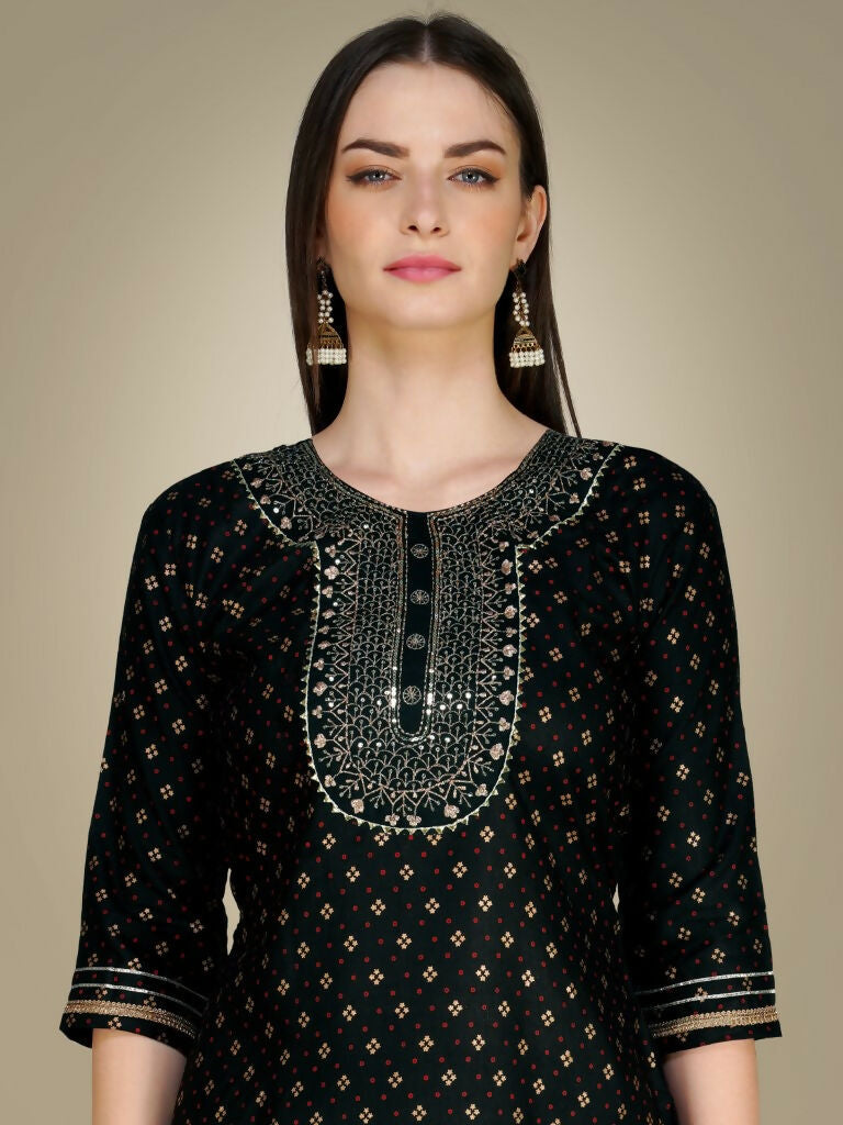 Women's Black Cotton Magic Slub Straight Kurta with Trouser & Dupatta