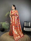Orange Soft Silk Paithani Saree with peacock patterns and matching blouse