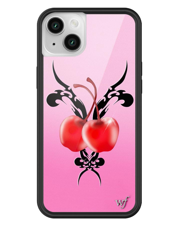 Pink iPhone case featuring two red liquid cherries over a black tribal tattoo design with a black bumper.