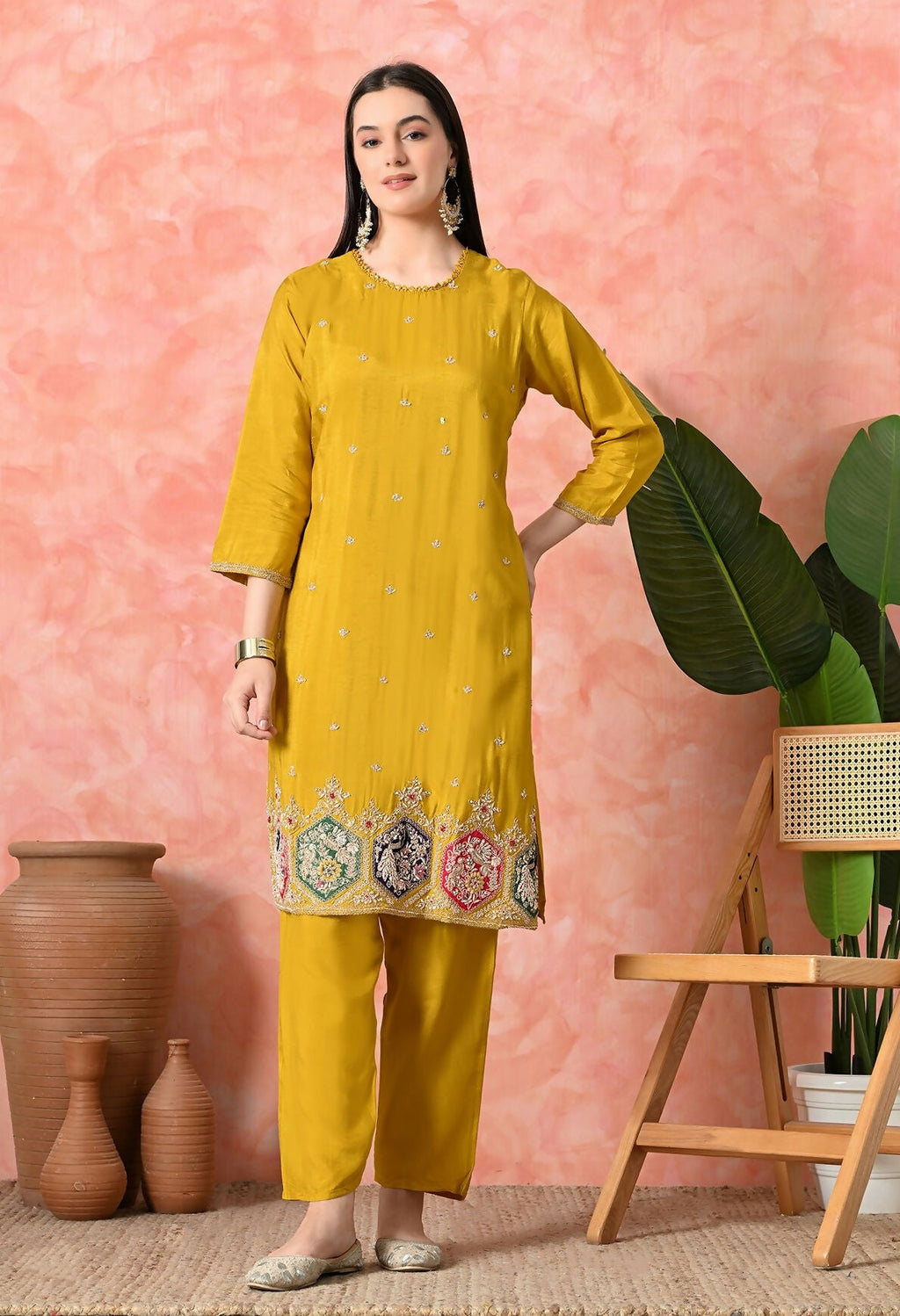 Mustard Pure Viscose Dola Kurta Set with Handwork and Organza