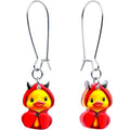 A pair of dangle earrings featuring yellow duck charms wearing red devil costumes on silver-tone kidney wires.