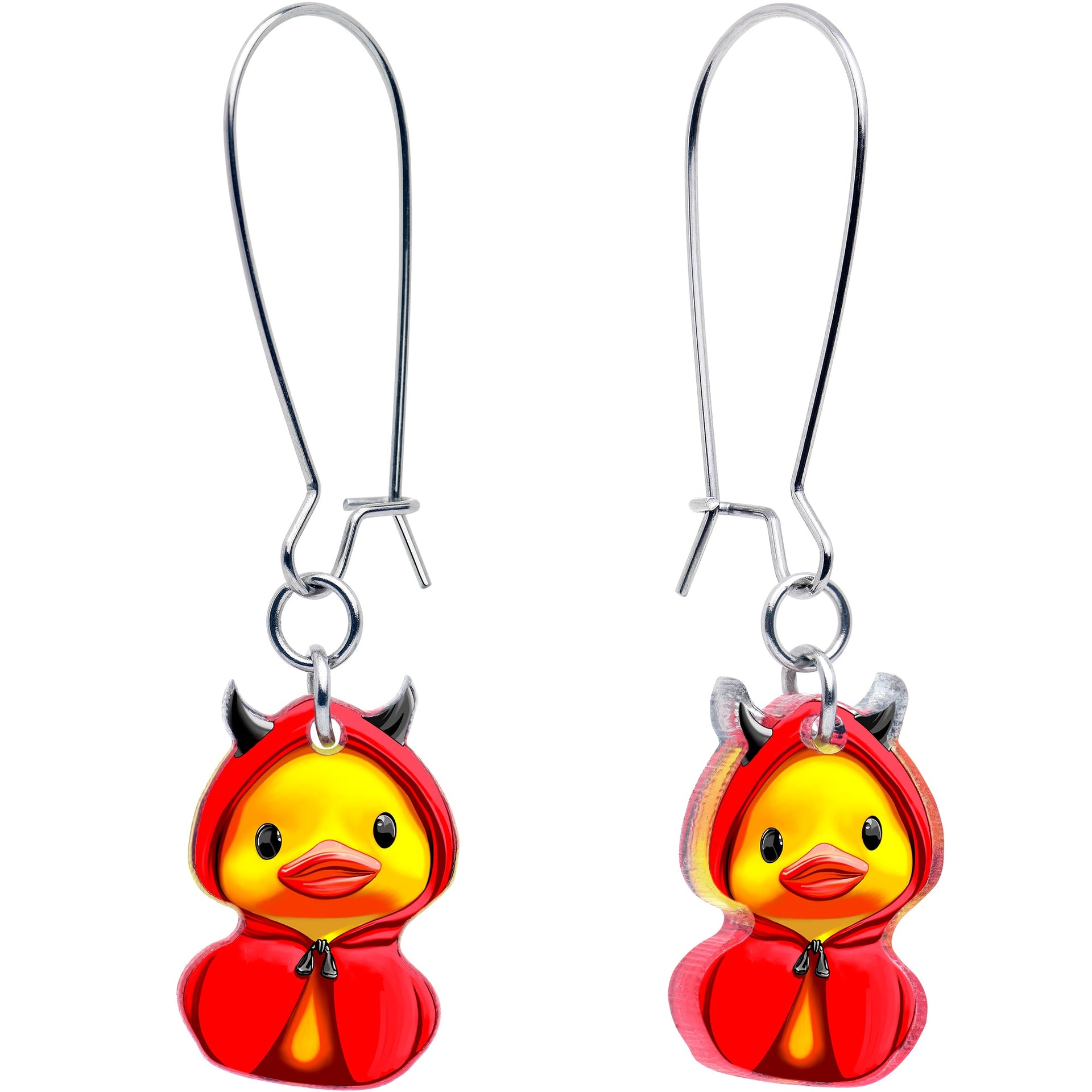 A pair of dangle earrings featuring yellow duck charms wearing red devil costumes on silver-tone kidney wires.