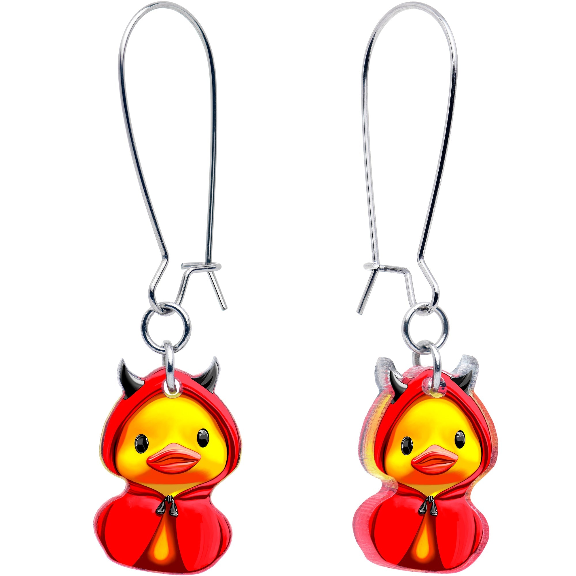 A pair of dangle earrings featuring yellow duck charms wearing red devil costumes on silver-tone kidney wires.